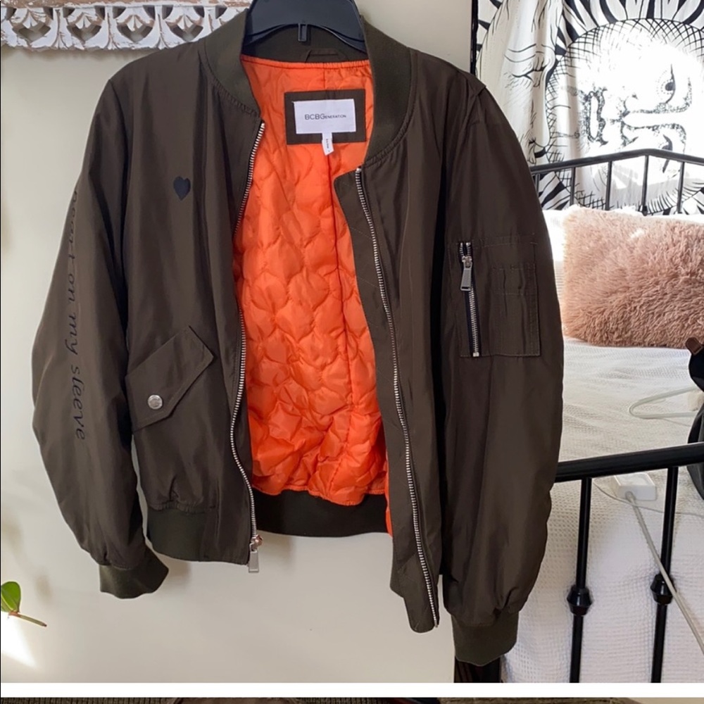 BCBGeneration Green Size L Bomber with Orange Lining and Black Embroidery Detail